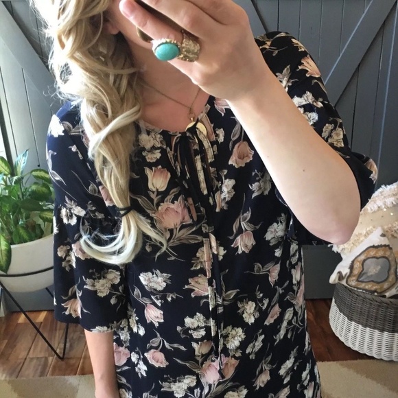 NEW Boho Navy Floral 3/4 Sleeve Tunic Tie Dress - Picture 2 of 8